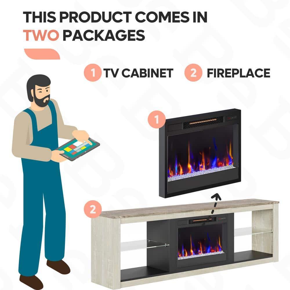 Bestier Modern Electric Fireplace TV Stand Entertainment Center for TVs up to 75" with LED Light and Storage Shelves in Wash White