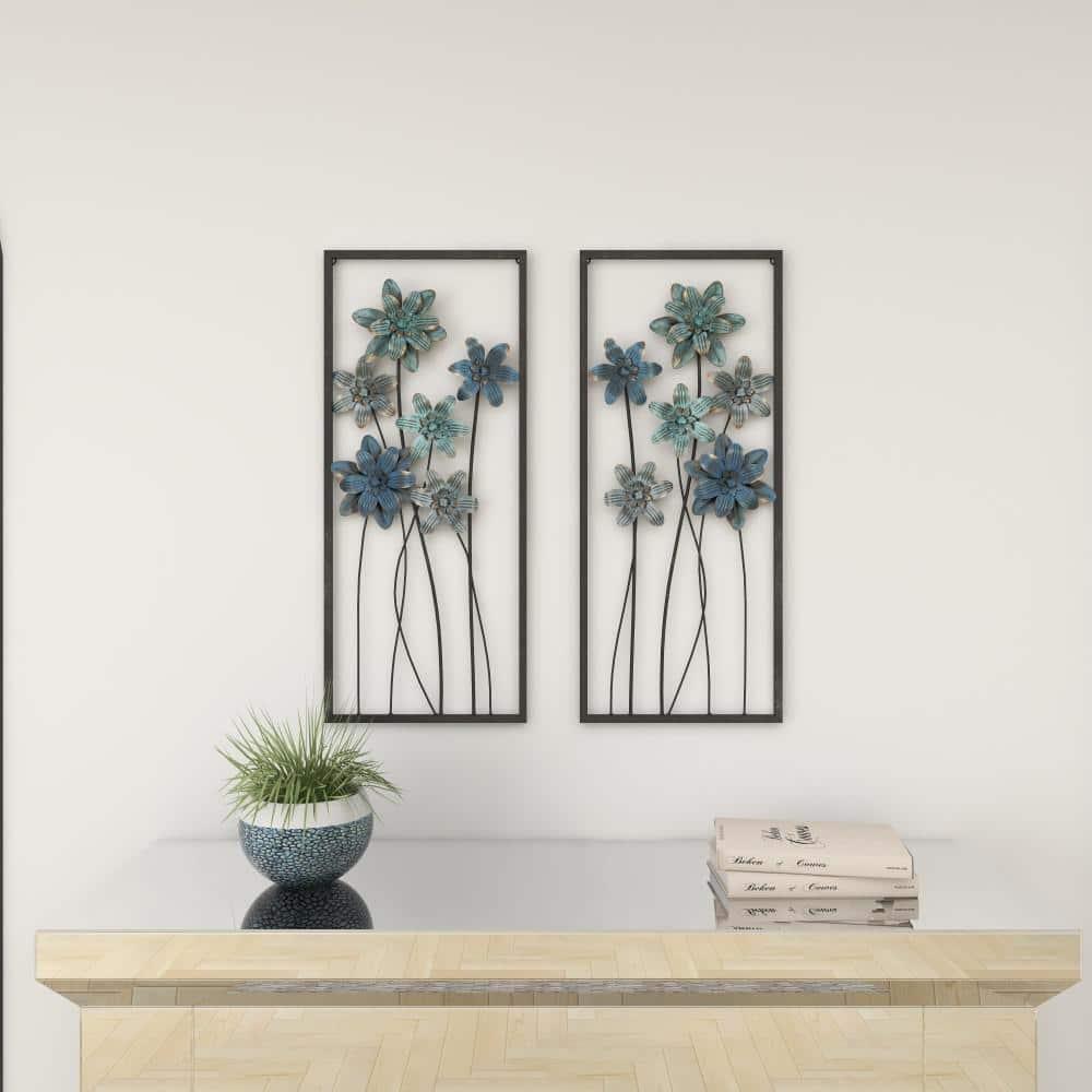 DecMode Gray Metal Floral Wall Decor with Black Frame (2 Count)