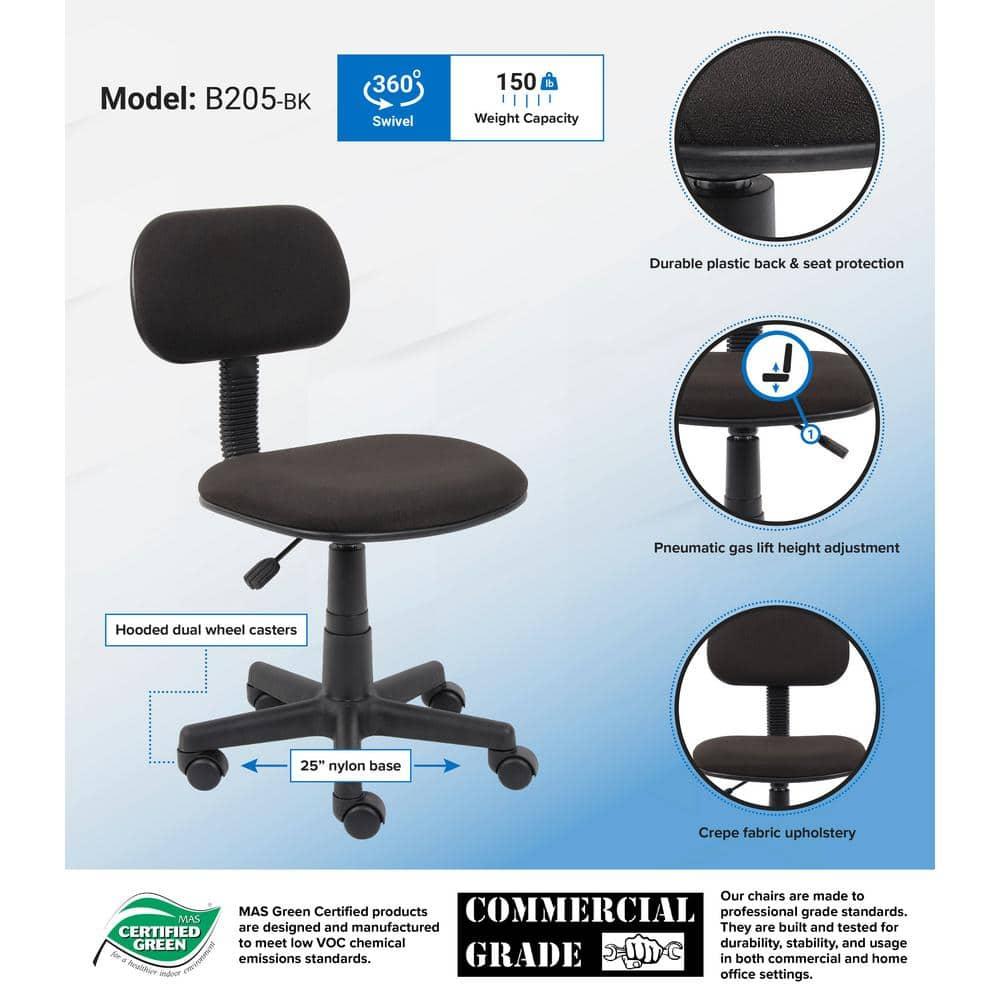Fabric Steno Chair Black - Boss Office Products: Pneumatic Lift, Nylon Base, Swivel Casters
