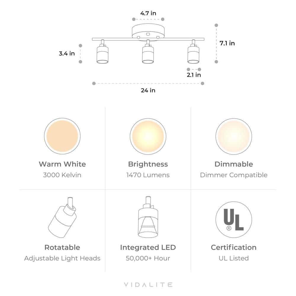 Vidalite Shura 3-Light Integrated LED Track Light with Rotatable Heads, 2 ft. Fixed Track Lighting Kit, 3000k, 1470 Lumens