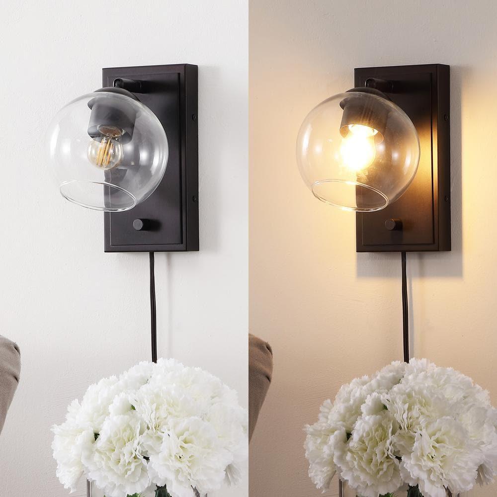 Hugo 6" 1-Light Minimalist Modern Plug-In or Hardwired Adjustable Iron LED Wall Sconce with Rotary Dimmer, Oil Rubbed Bronze with Clear Globe