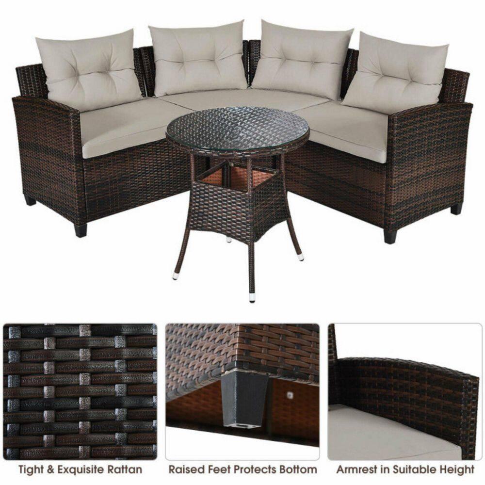 Patiojoy 4PCS Outdoor Patio Conversation Set Wicker Rattan Sectional Sofa