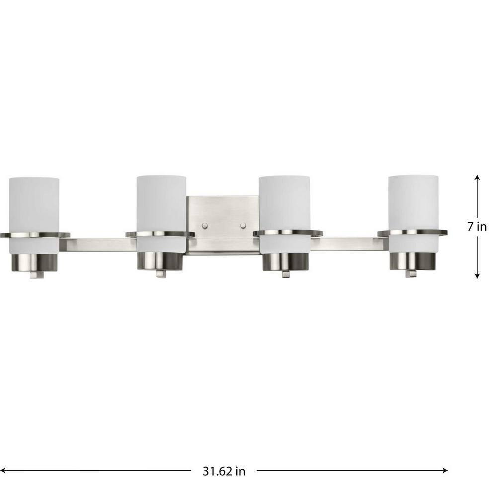 Progress Lighting Reiss 4-Light Vanity Light, Brushed Nickel, White Glass Shades