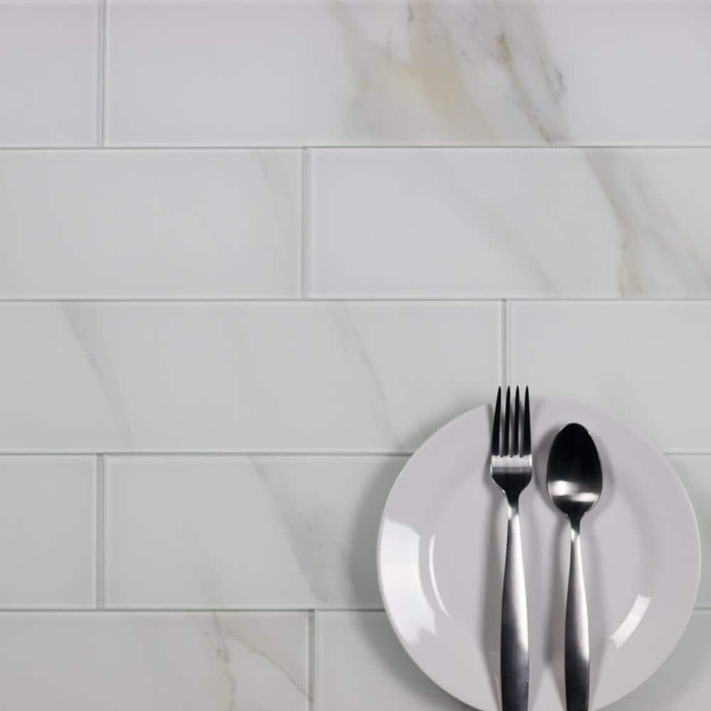 Abolos Nature 4 in. x 16 in. Marble Look Glass Straight Edge Large Format Subway Decorative Kitchen & Bathroom Wall Tile