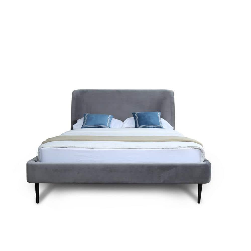 Full Heather Upholstered Bed with Black Legs Gray - Manhattan Comfort: Mid-Century Wingback, Foam-Filled Headboard, No Box Spring Required