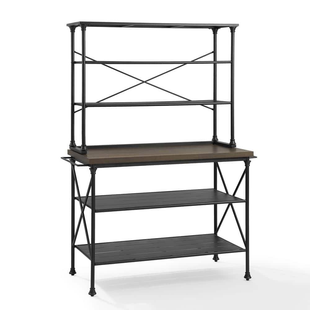 Madeleine Kitchen Island and Hutch Matte Black - Crosley: Veneer Surface, Metal Frame, 6 Open Shelves