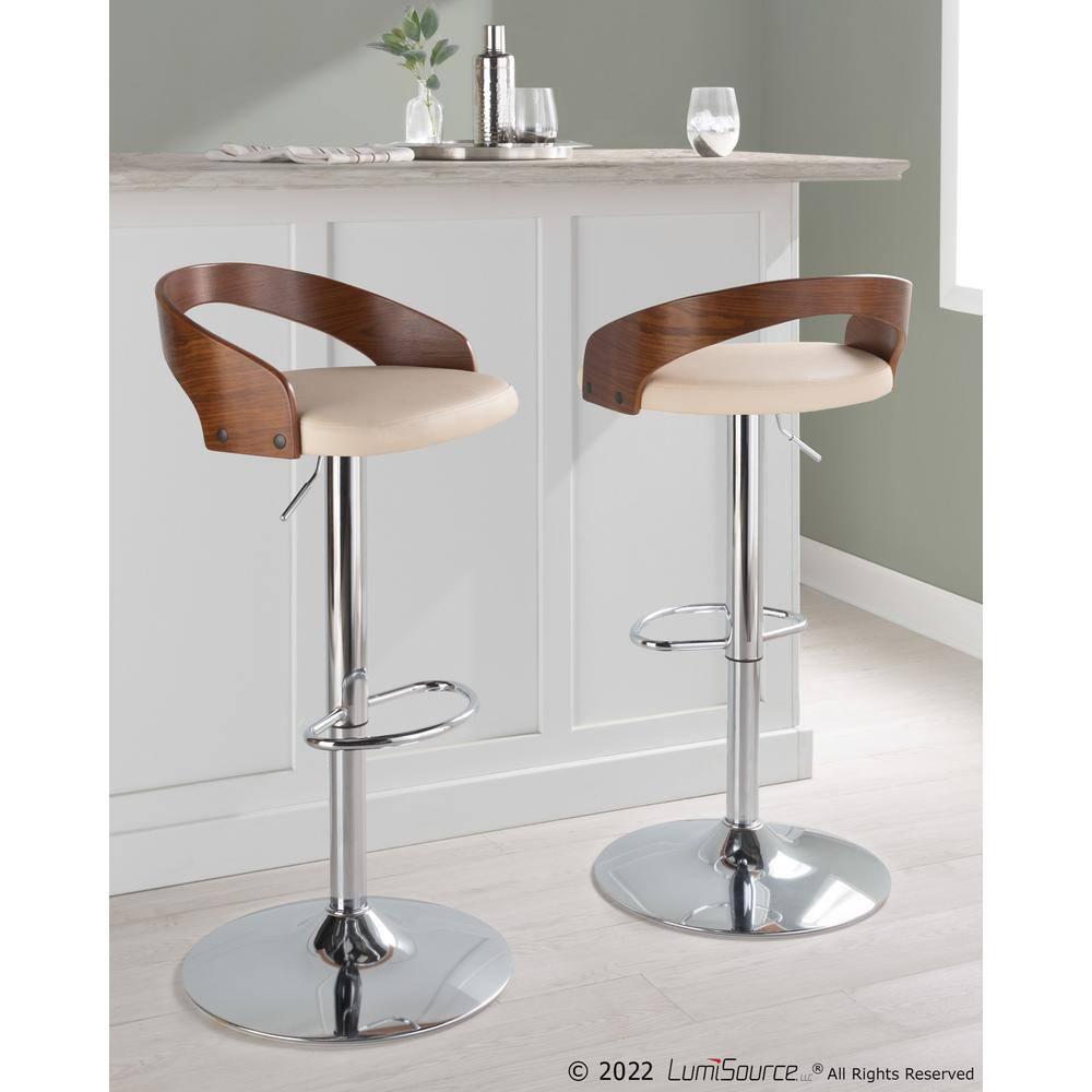 Grotto Mid-Century Modern Adjustable Height Barstool with Swivel in Chrome Metal, Walnut Wood and Cream Faux Leather with Oval Footrest by LumiSource - Set of 2