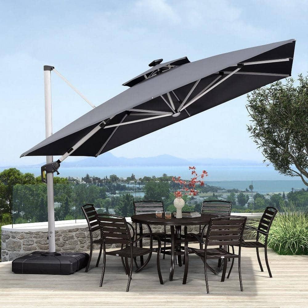 PURPLE LEAF 11FT Square Double Top Deluxe Solar Powered LED Patio Umbrella Outdoor Cantilever Umbrella, Gray