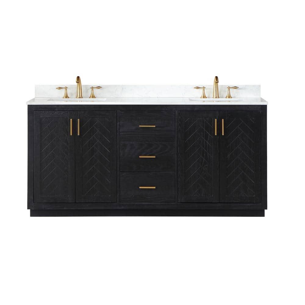 Gazsi 72" Double Bathroom Vanity Set in Black Oak with Grain White Composite Stone Countertop Without Mirror