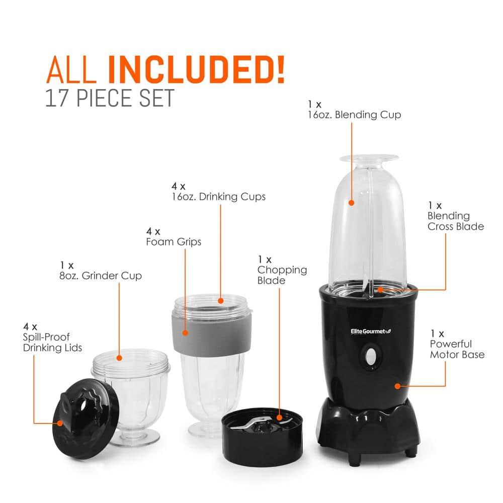 Elite Cuisine 17 Piece Personal Drink Blender with 4 x 16oz. Travel Cups EPB-1800