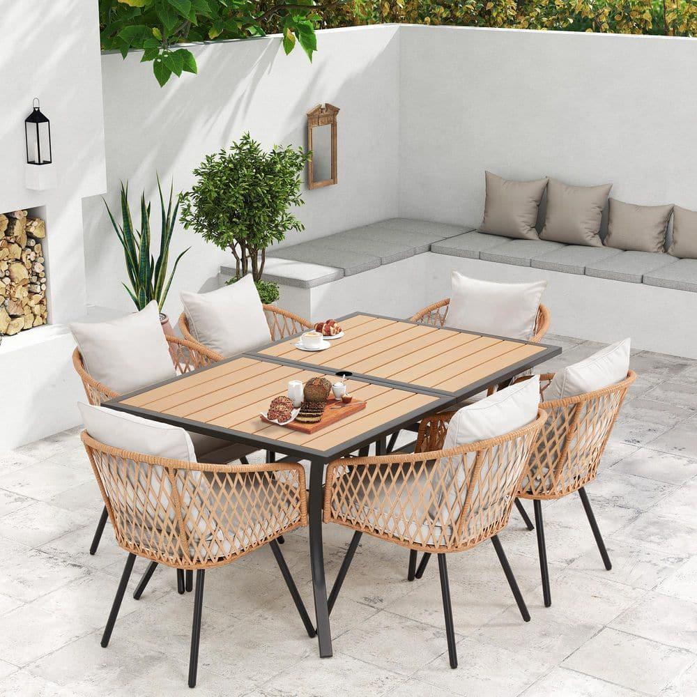 EROMMY 7 Piece Outdoor Dining Table Set, Patio Table And Chairs Set With 6 Rattan Chairs, Rectangular Table With Umbrella Hole, All-weather Patio Furniture For Backyard, Lawn, Garden