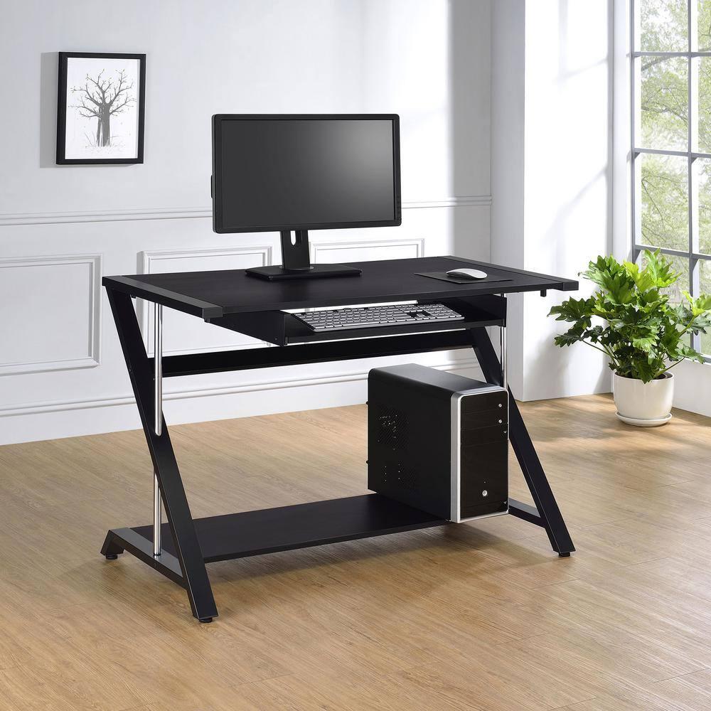 Mallet Computer Desk with Keyboard Tray & Storage Shelf Black - Coaster: Compact, Angled Silhouette, Chrome Detail