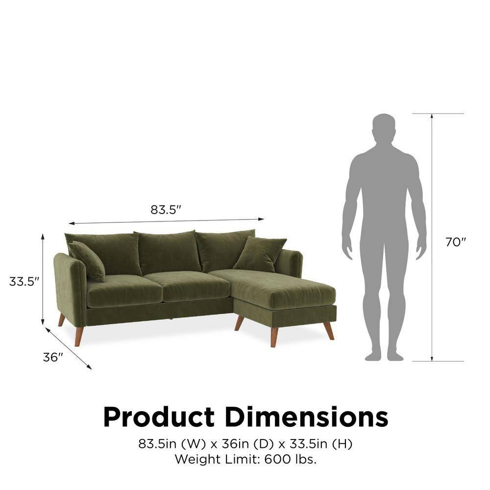 2pc Magnolia Sectional Sofa with Pillows Green Velvet - Novogratz: Upholstered, Reversible Chaise, Transitional Style