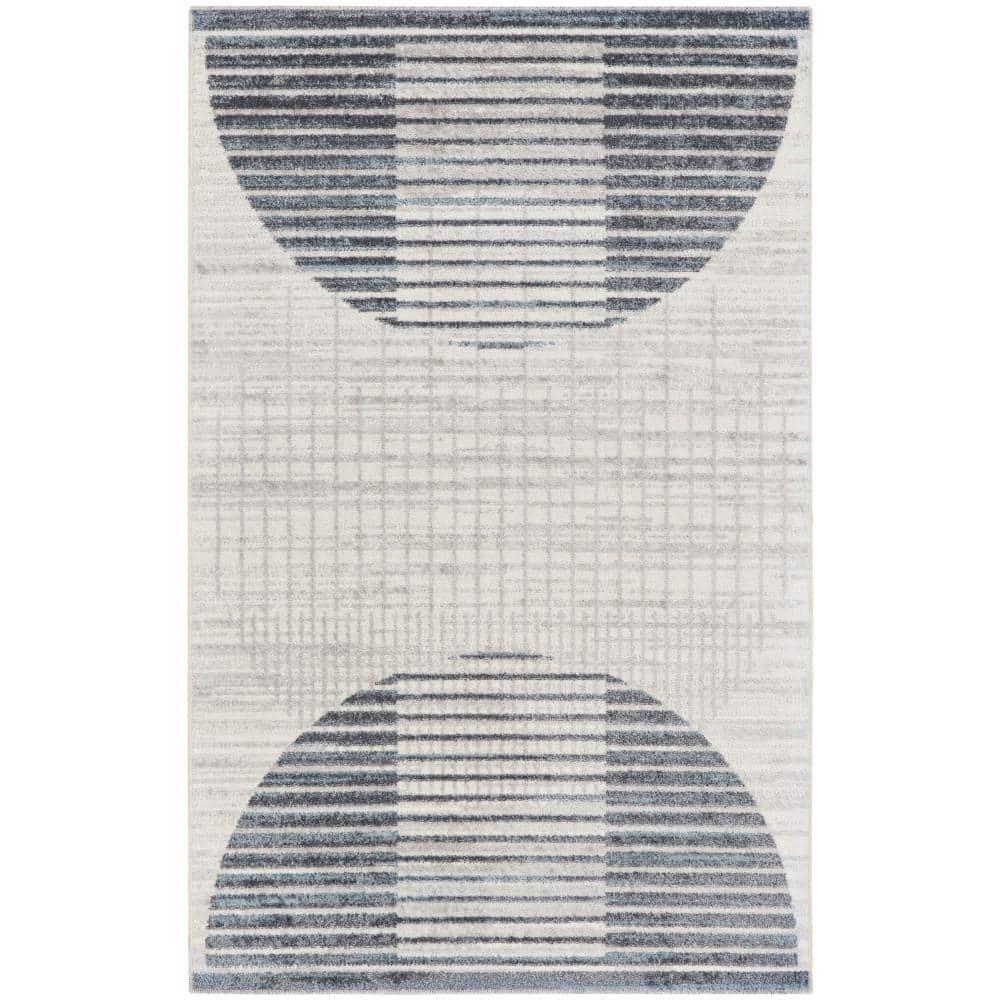 Nourison Astra Machine Washable Semi Circles Mid-Century Modern Indoor Rug Ivory Blue 2'2" x 4'