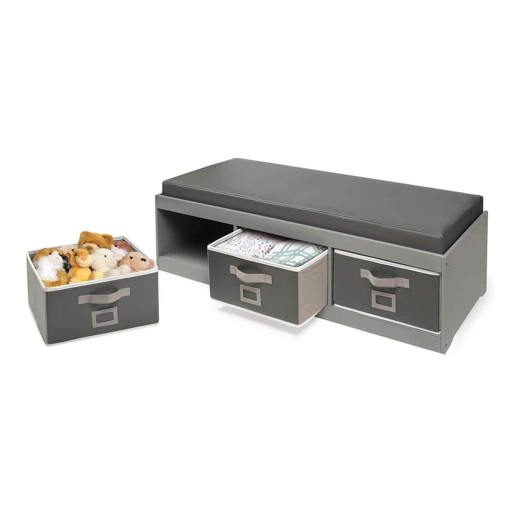 Badger Basket Kid's Storage Bench with Cushion and Three Bins - Gray
