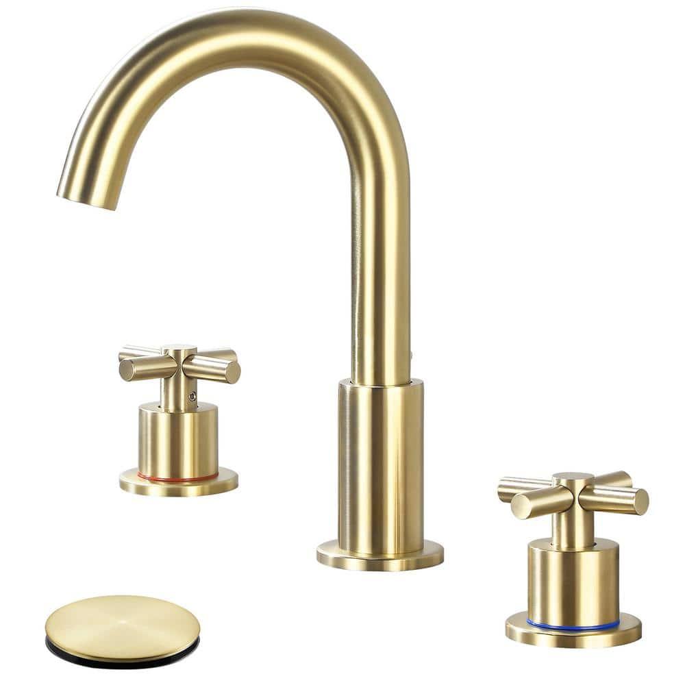 GXCROR Bathroom Faucets for Sink 3 Hole,2-Handle 8 inch Widespread Bathroom Sink Faucet with Pop Up Drain, Brushed Gold Basin Faucet Mixer Taps