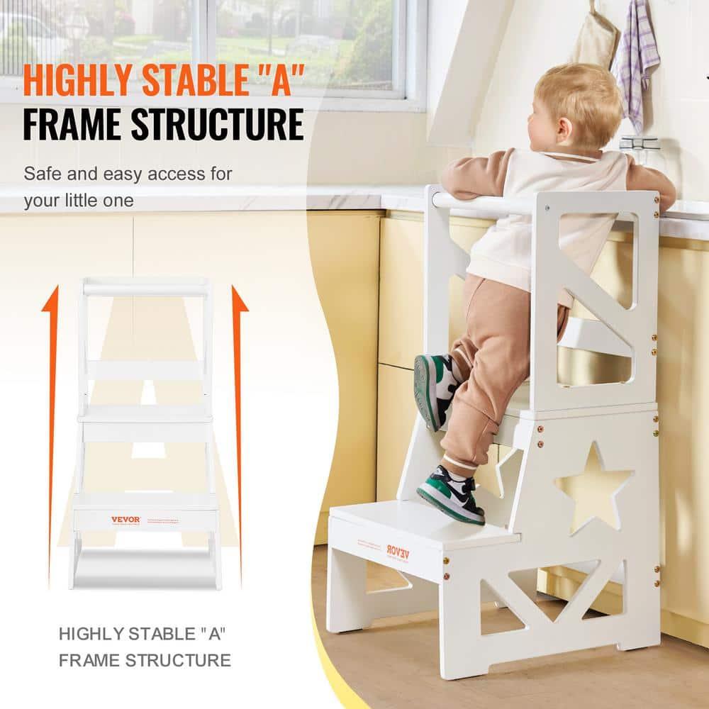 Toddler Step Stool, Natural Pine Wood Kids Kitchen Stool Helper with Safety Rail, Standing Tower Learning Stool for Bedroom Bathroom Kitchen Counter, 150LBS Loading Capacity,