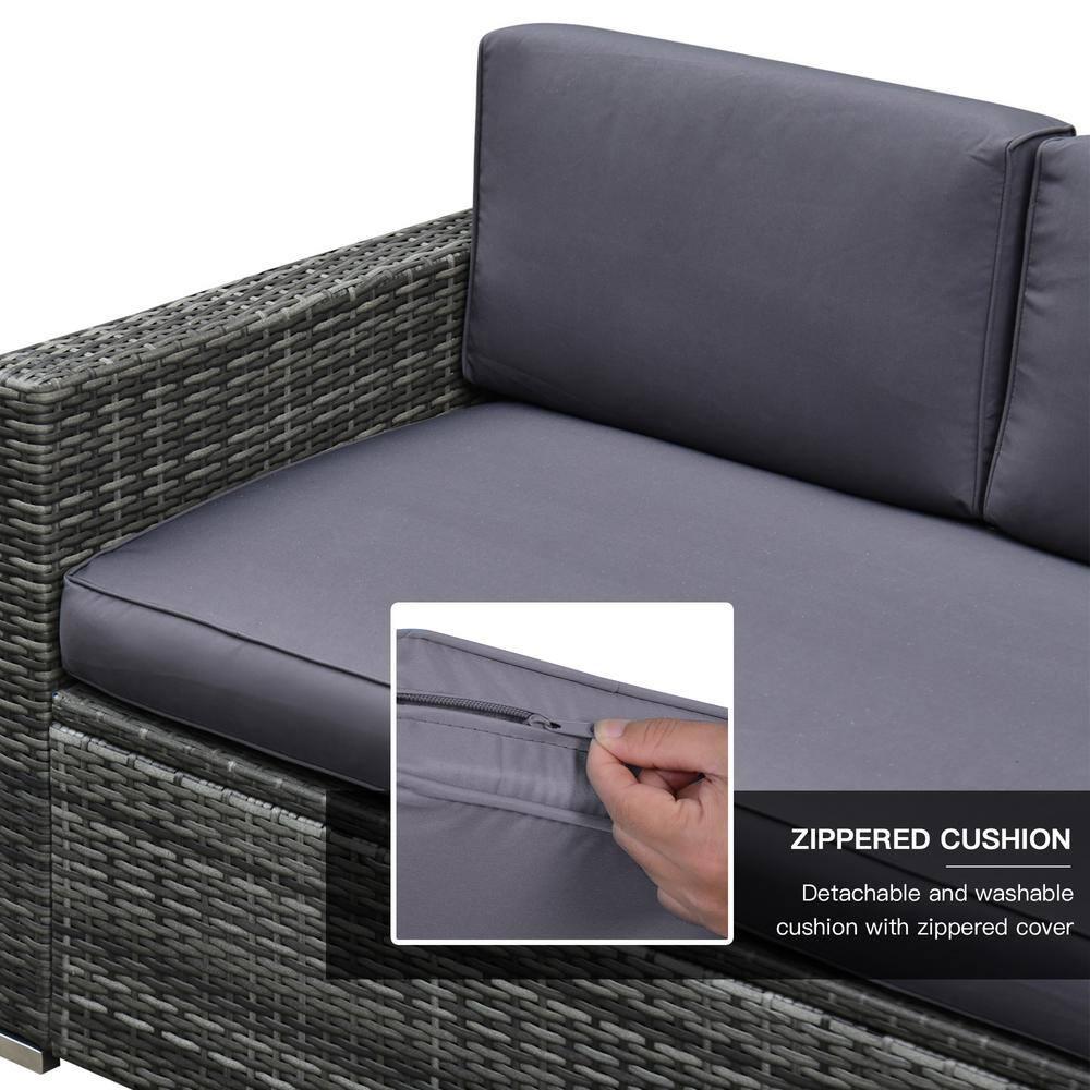 Outsunny 4-Piece Rattan Wicker Furniture Set, Outdoor Cushioned Conversation Furniture with 2 Chairs, Loveseat, and Glass Coffee Table, Gray