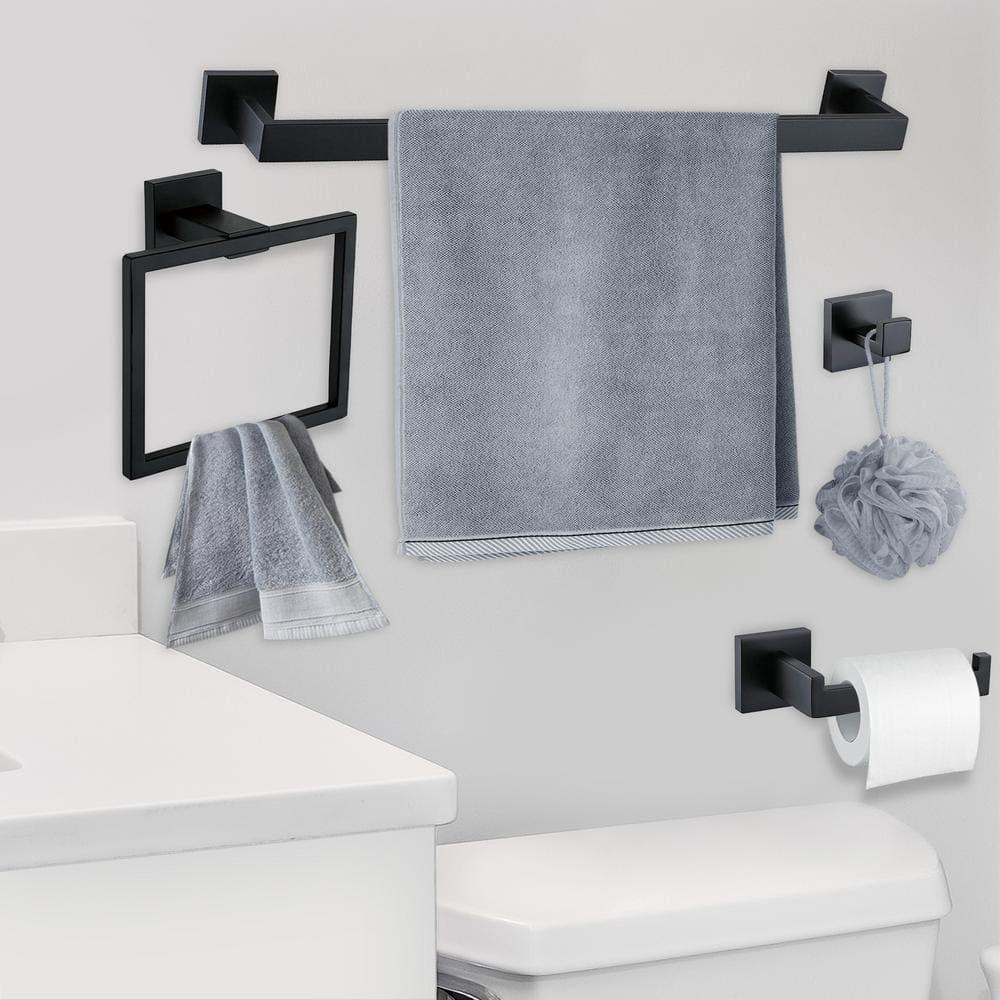 Stainless Steel Matte Black Bathroom Hardware Accessories - 5 Piece Set with 16 inch Square Towel Bar, Towel Rack & Holder