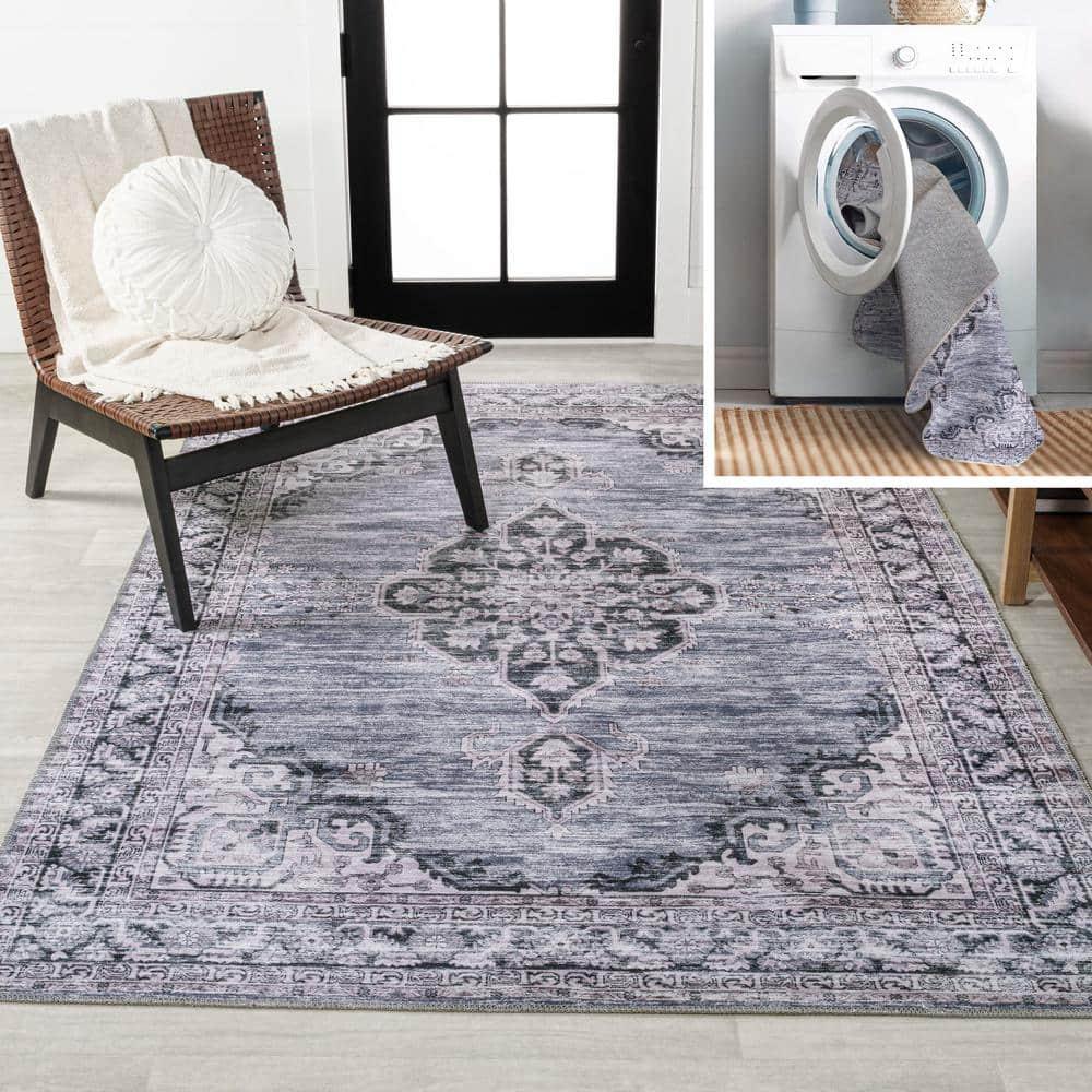 Wincer Chenille Cottage Medallion Machine-Washable Navy/Gray/Black 3 ft. x 5 ft. Area Rug - JONATHAN Y