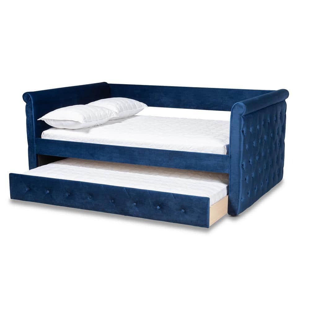 Baxton Studio Amaya Modern and Contemporary Navy Blue Velvet Fabric Upholstered Full Size Daybed with Trundle