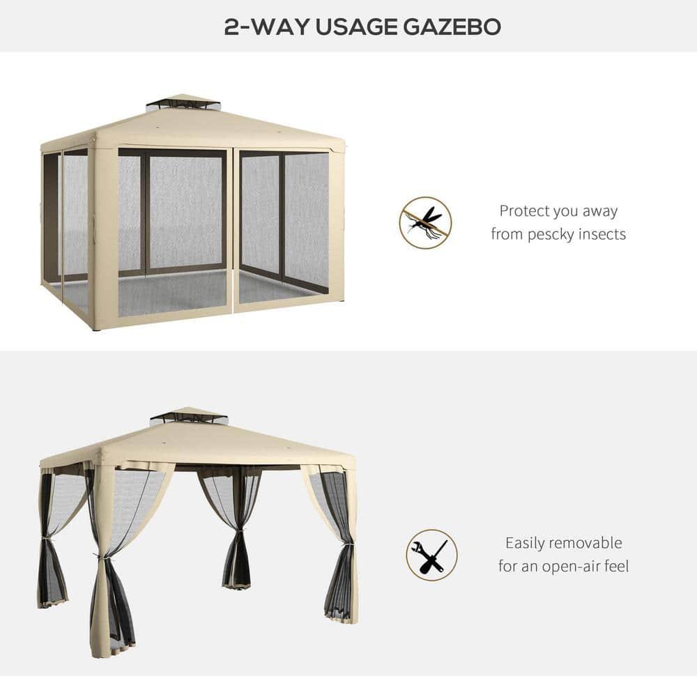 DEBLIT 9.6' x 11.6' Patio Gazebo with 2-Tier Roof and Netting, Steel Outdoor Canopy Gazebo for Garden, Lawn and Backyard, Taupe