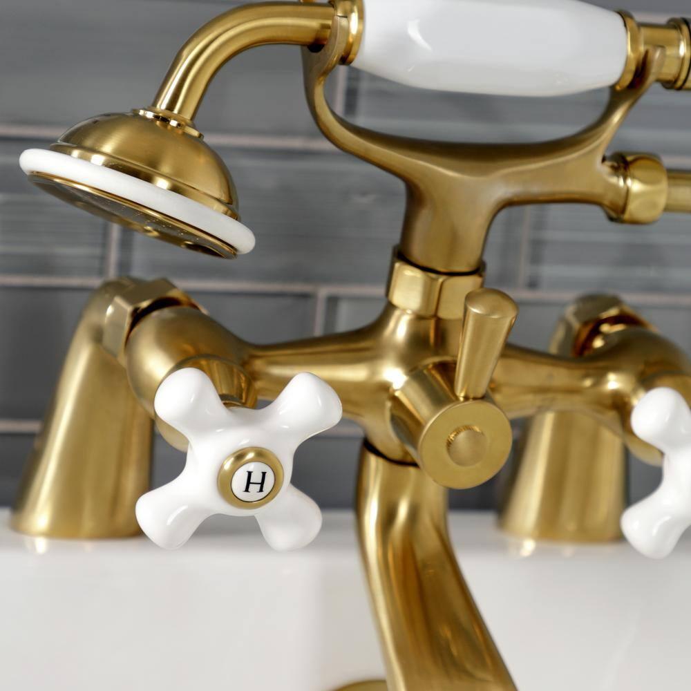 Kingston Brass Kingston Three-Handle 2-Hole Deck Mount Clawfoot Tub Faucet with Hand Shower