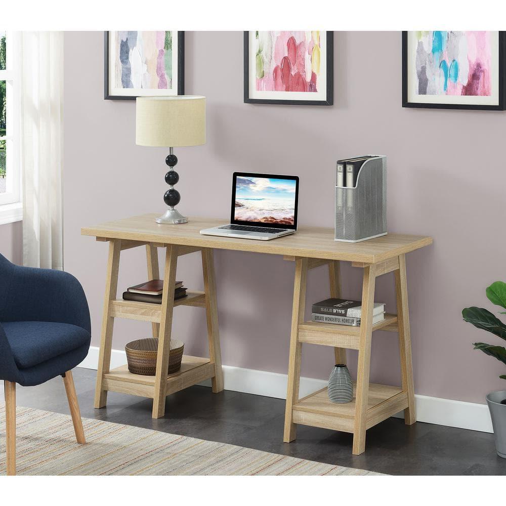 Convenience Concepts Designs2Go 29.25" Double Trestle Desk with Shelves, Weathered White, All Ages