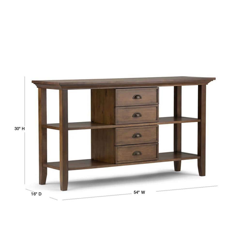 Simpli Home Redmond 54"W Solid Wood Storage Console Table with 4 Center Drawers and Open Shelves