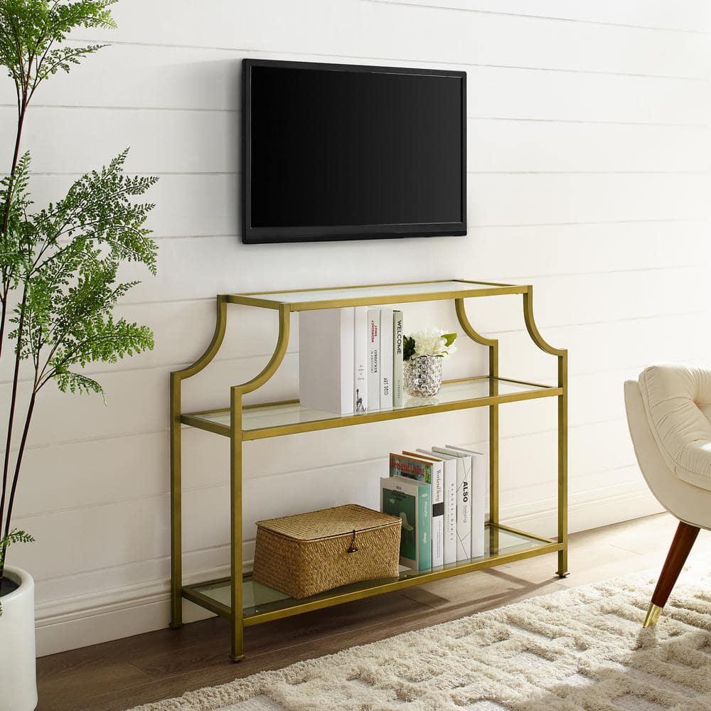 Aimee Console Table - Crosley: Elegant Steel Frame, Clear Glass Top, Fixed Shelf, Entryway Furniture