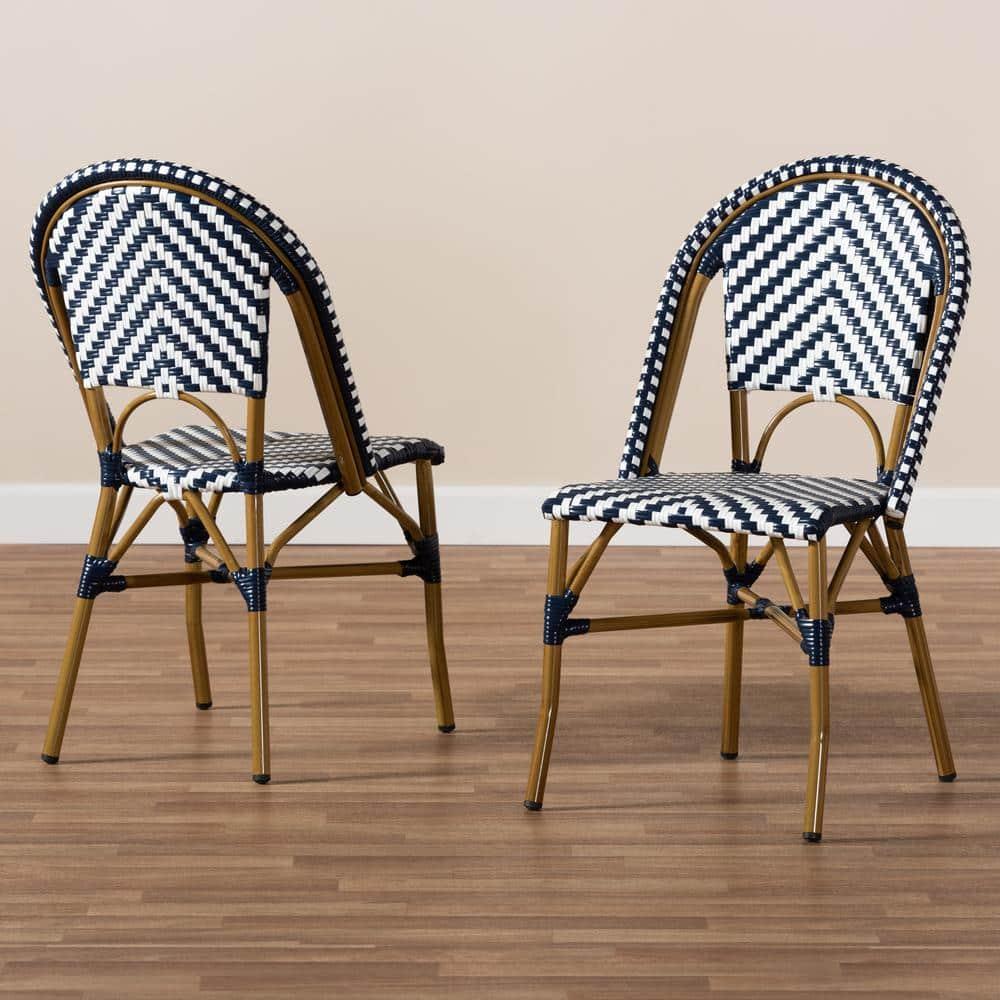 Set of 2 Celie Indoor and Outdoor Stackable Bistro Dining Chairs White/Blue - BaxtonStudio