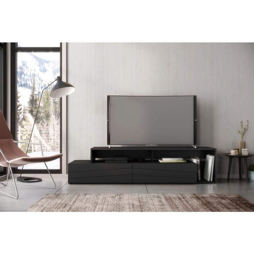 Tonik TV Stand for TVs up to 80" Black - Nexera: Modern Console with Drawers, Melamine Finish, Wood Composite