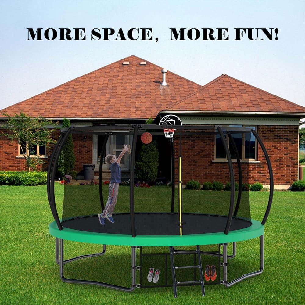 12FT Round Trampoline with Basketball Hoop for Kids, Outdoor Recreational Trampolines with Safety Enclosure Net & Ladder, 880 LBS Weight Capacity, Green