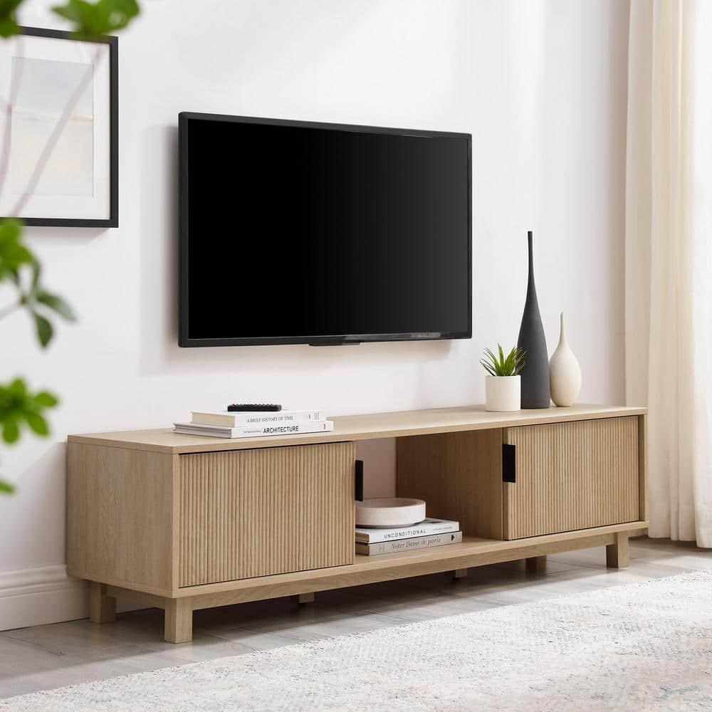 Walker Edison Mid-Century Modern 2-Door Reeded TV Stand for TVs up to 65”, Coastal Oak