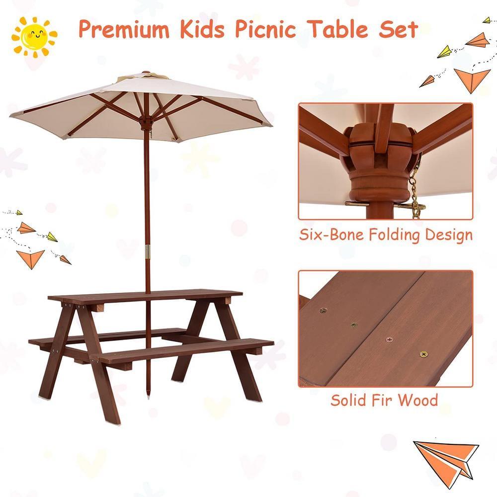 Wooden Outdoor Kids Picnic Table with Umbrella and Bench