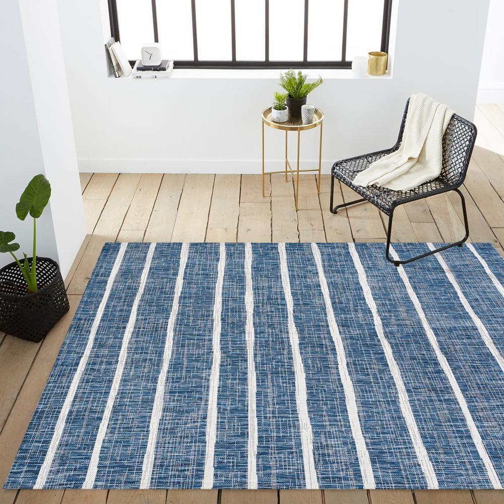 8'x10' Colonia Berber Stripe Indoor/Outdoor Area Rug, Blue/Ivory - JONATHAN Y