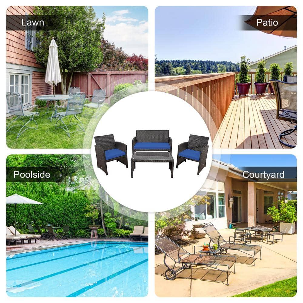 Resenkos 4 Pieces Outdoor Rattan Furniture Set, Wicker Furniture Sets, Patio Conversation Sets with Coffee Table Cushioned Sofa-Red