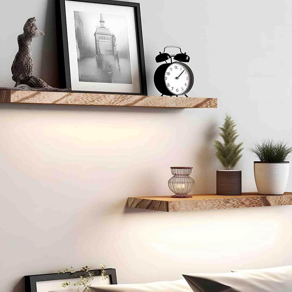 Wood Floating Shelves for Wall Decor, Rustic Wall Shelves for Bedroom Bathroom Kitchen Living Room, Set of 4 Light Walnut 24 Inch