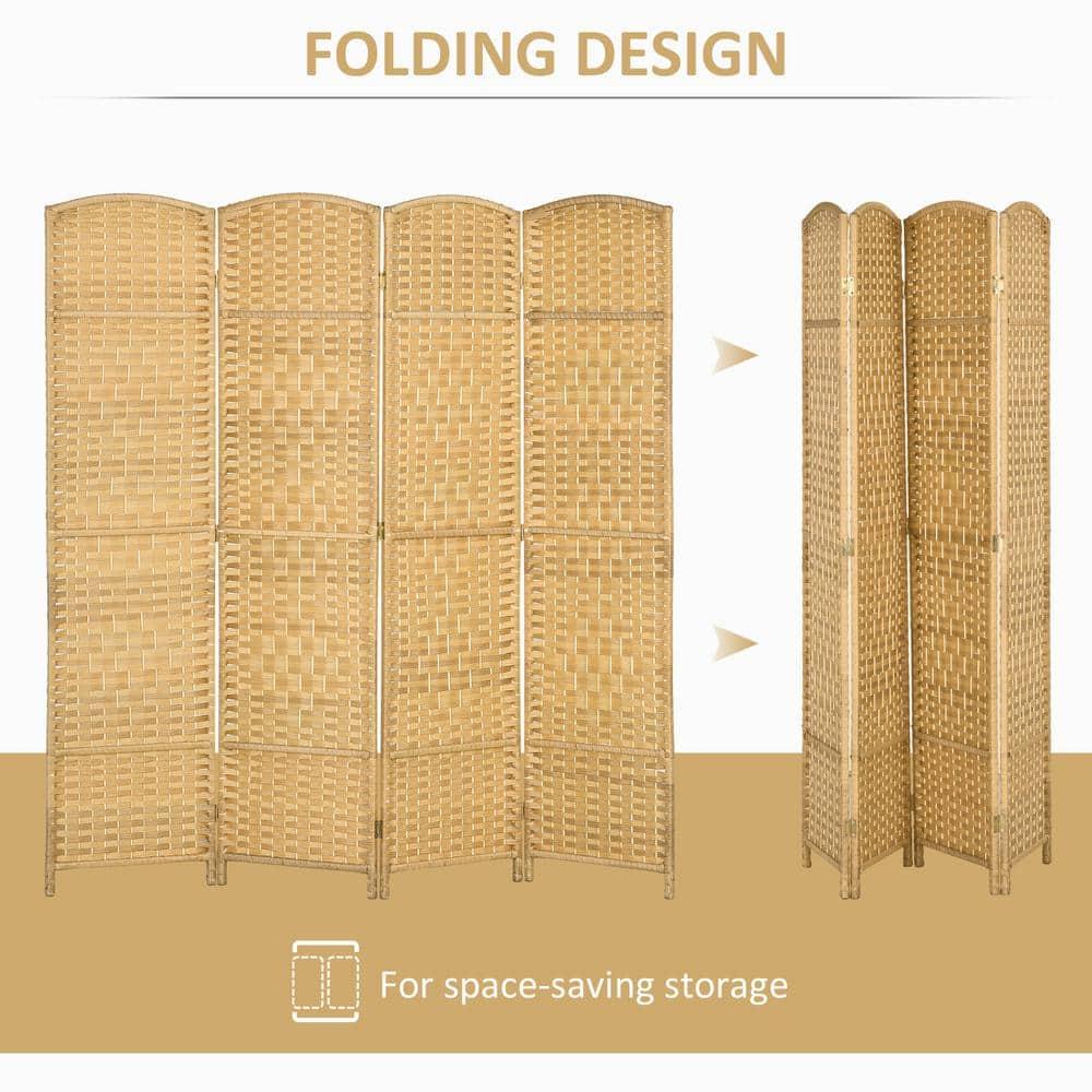 HOMCOM 4 Panel Room Divider, 6' Tall Folding Privacy Screen, Hand-Woven Freestanding Wood Partition for Home Office, Bedroom, Nature Wood
