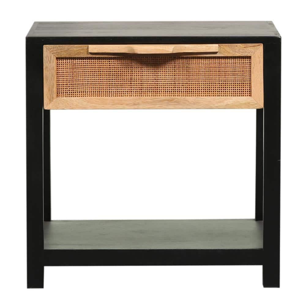 Benzara 22" Side Table with Rattan Front Drawer and Open Shelf Mango Wood Frame Black/Brown
