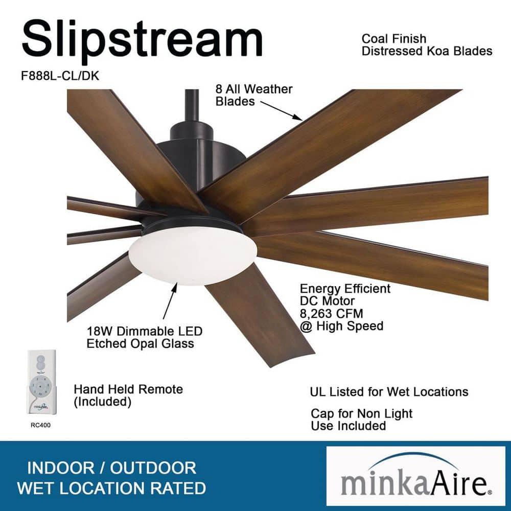 65" Minka Aire Modern Outdoor Ceiling Fan with LED Light Remote Control Coal Distressed Koa Opal Glass Wet Rated for Patio Gazebo