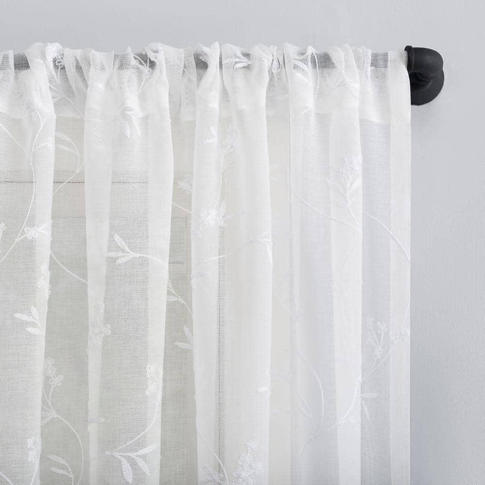 84"x50" Delia Embroidered Floral Sheer Rod Pocket Curtain Panel Ivory - No. 918: Modern Botanical Plain Weave