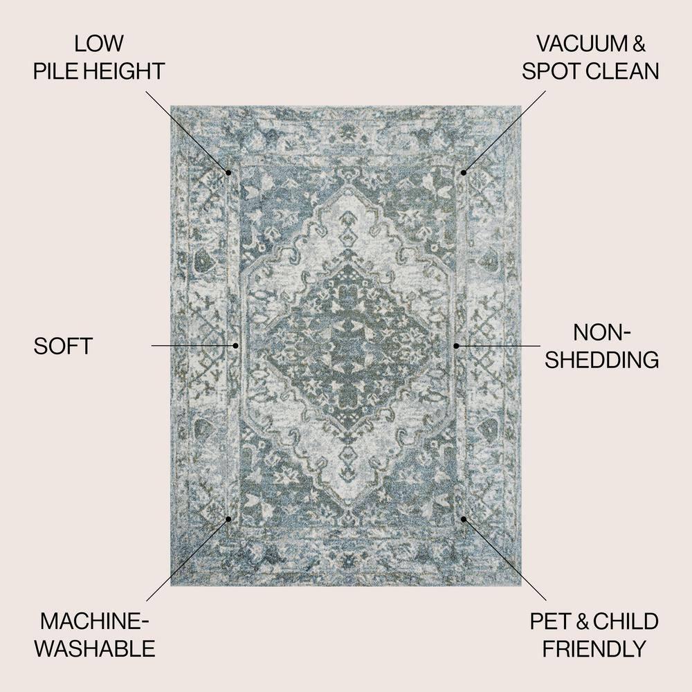 JONATHAN Y Pavel Distressed Medallion Low-Pile Machine-Washable Light Gray/Blue 5 ft. x 8 ft. Area Rug