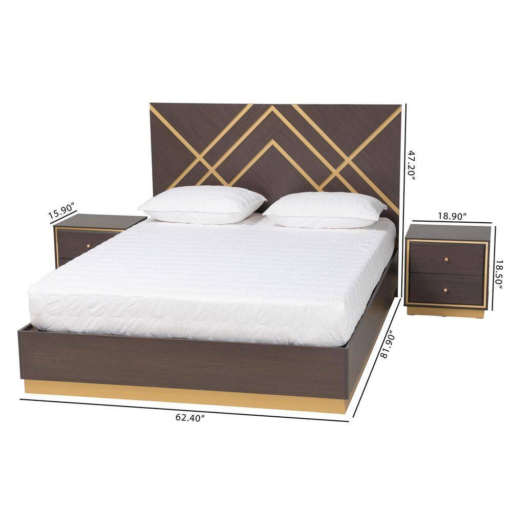 Baxton Studio Arcelia Dark Brown and Gold Wood Queen Size 3-Piece Bedroom Set