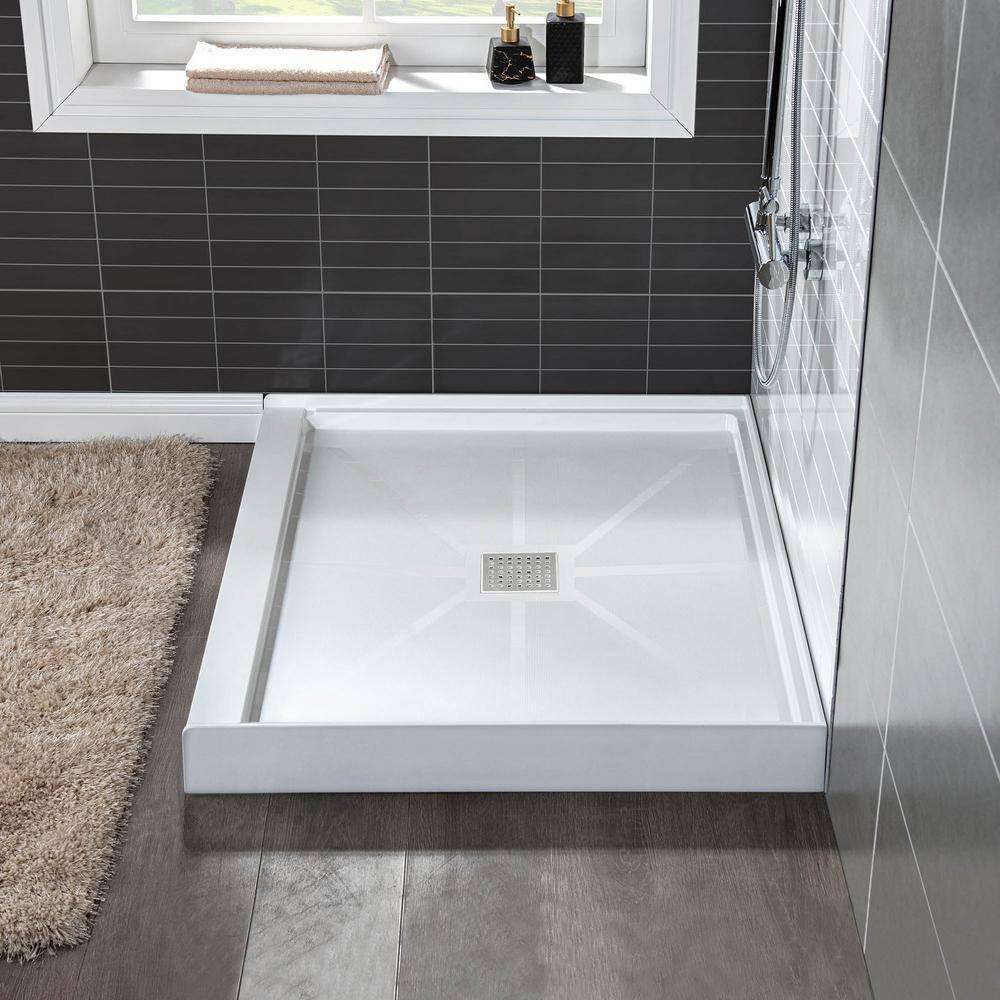 36" Solid Surface Square Single Threshold Shower Pan Base with Drain Assembly & Drain Cover Included, Non-Slip