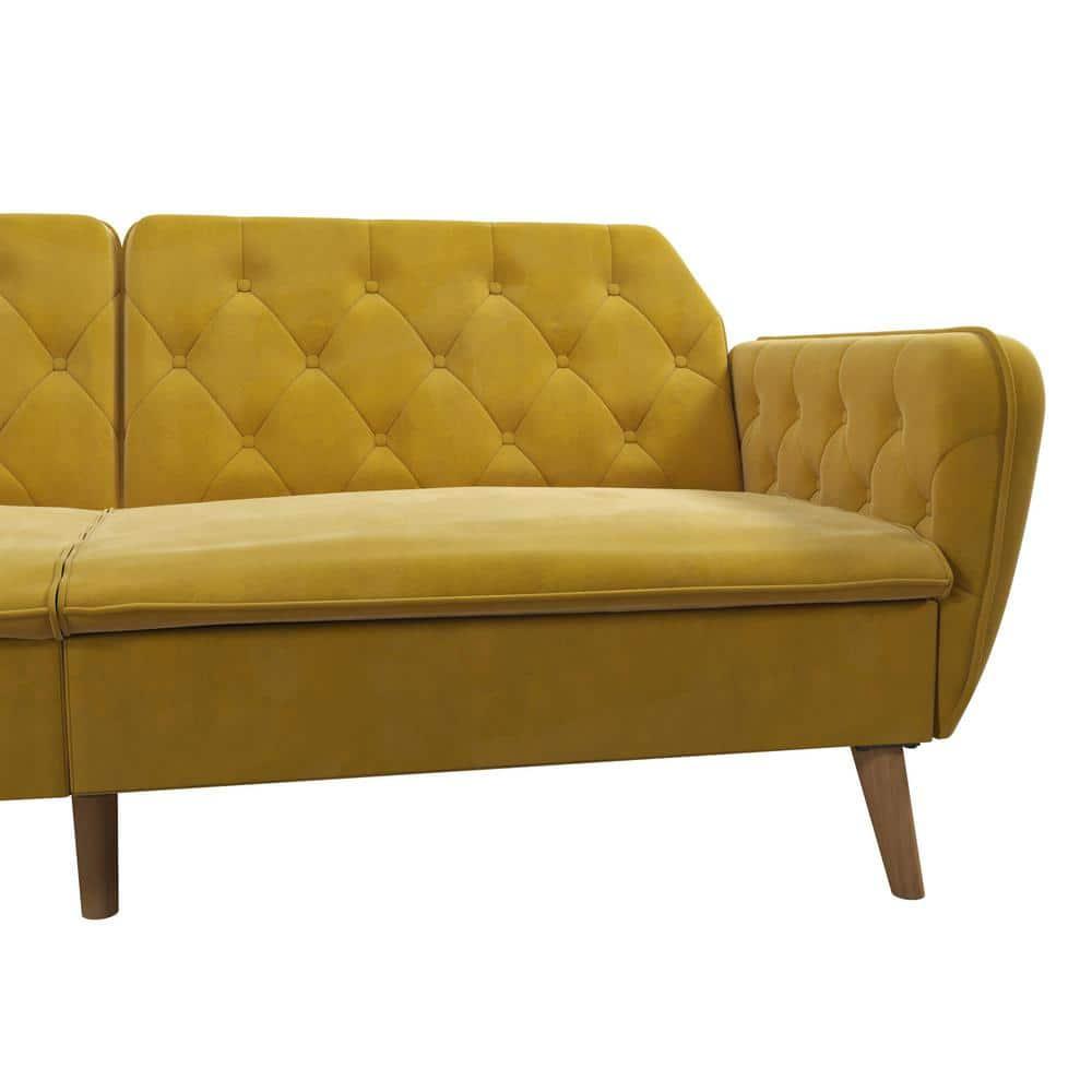 Tallulah Memory Foam Futon and Sofa Bed Mustard Yellow - Novogratz: Velvet Upholstery, Split-Back Design, Wooden Legs