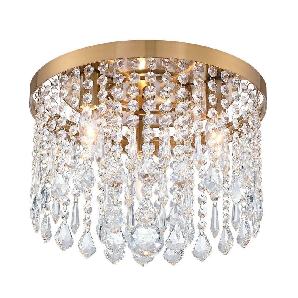 C Cattleya  3-Light 13" Antique Brass Finish Crystal Flush Mount Ceiling Light