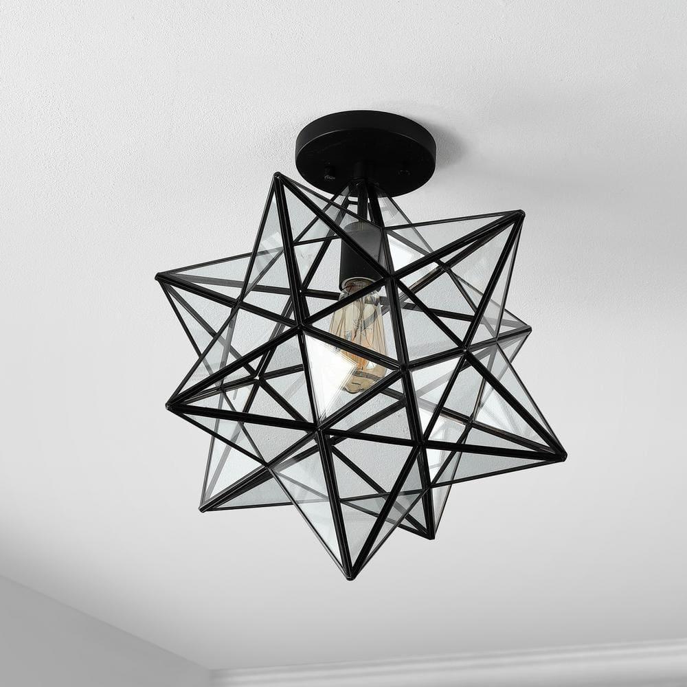 Ava 14.5" 1-Light Farmhouse Bohemian Iron/Glass LED Semi Flush Mount, Black/Clear