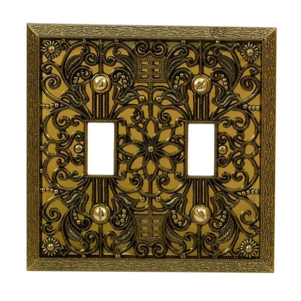 Amerelle 65TTAB Filigree Wallplate, 2 Toggle, Antique Brass