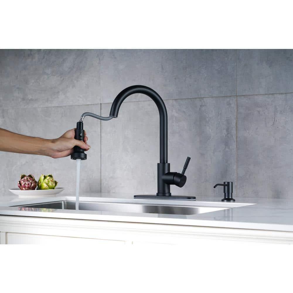Black Kitchen Faucet with Soap Dispenser Stainless Steel Single Handle Kitchen Sink Faucet with Pull Down Sprayer for Single Hole or 3 Holes